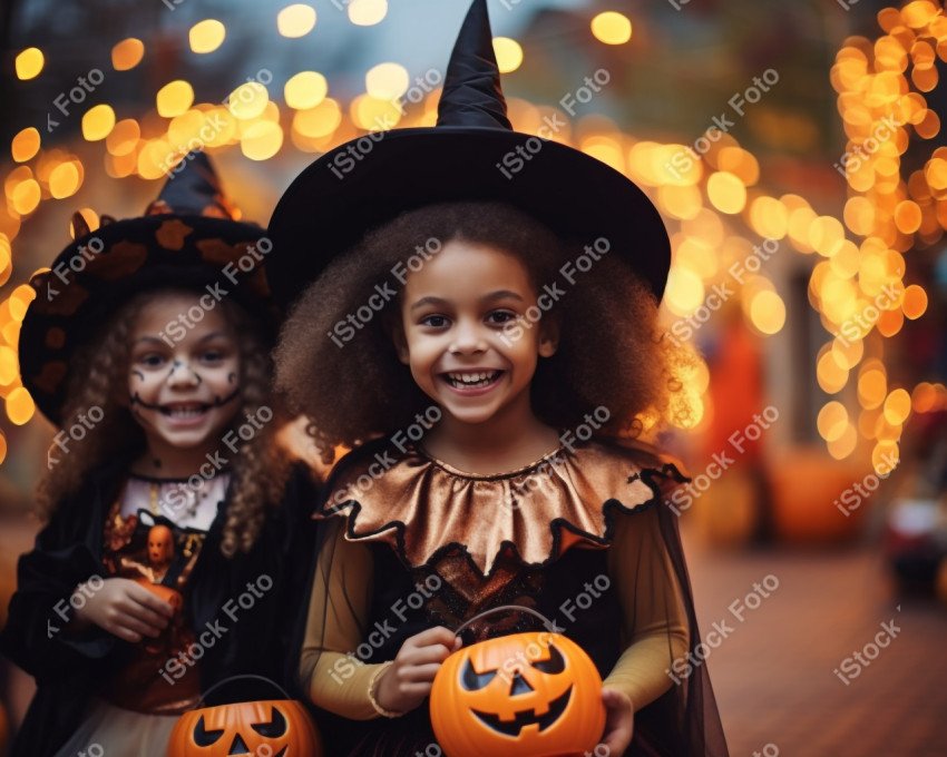 Happy halloween children in costumes and makeup holiday happy ha