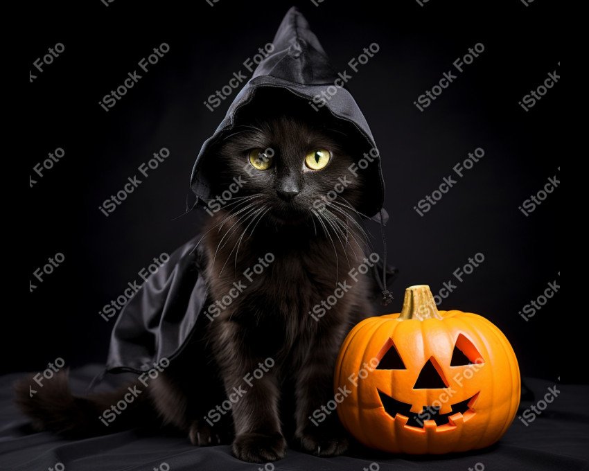 Adorable Black Cat in Halloween Costume with Evil Pumpkins