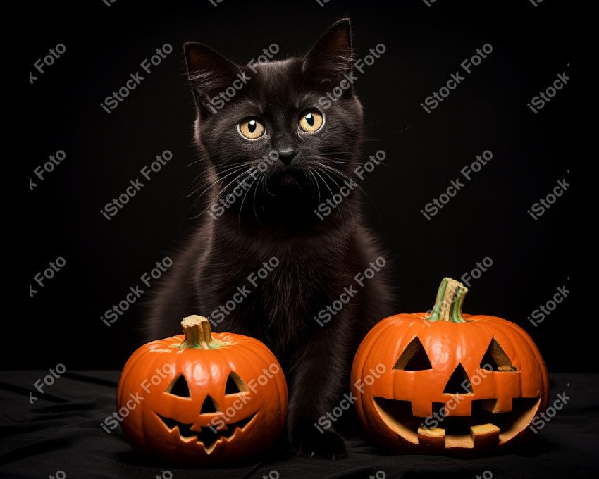 Adorable Black Cat in Halloween Costume with Evil Pumpkins