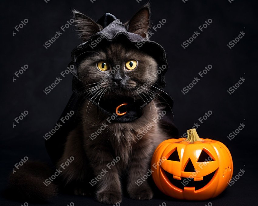 Adorable Black Cat in Halloween Costume with Evil Pumpkins