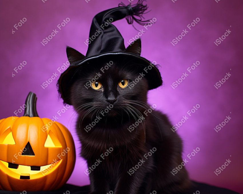 Adorable Black Cat in Halloween Costume with Evil Pumpkins