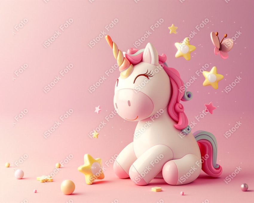 Unicórnio fofo, fundo rosa, com borboleta e estrelas, Gerado co