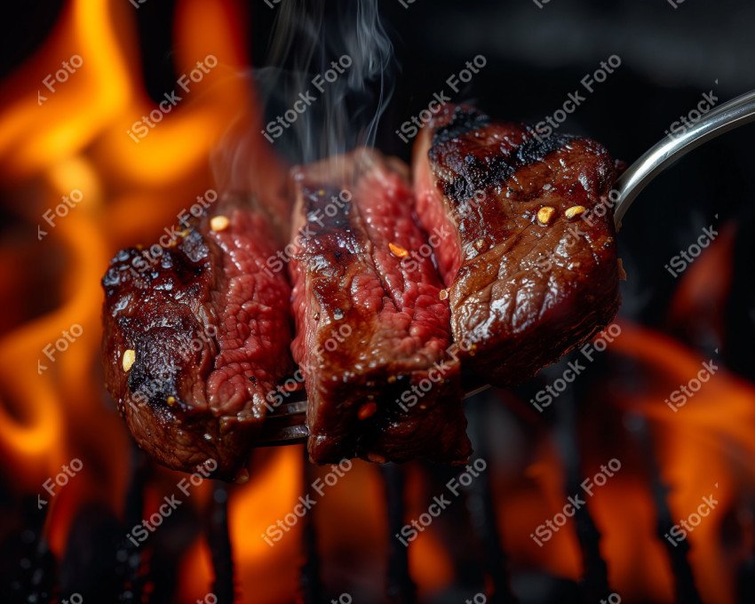 Fatias suculentas de churrasco, com chamas ao fundo