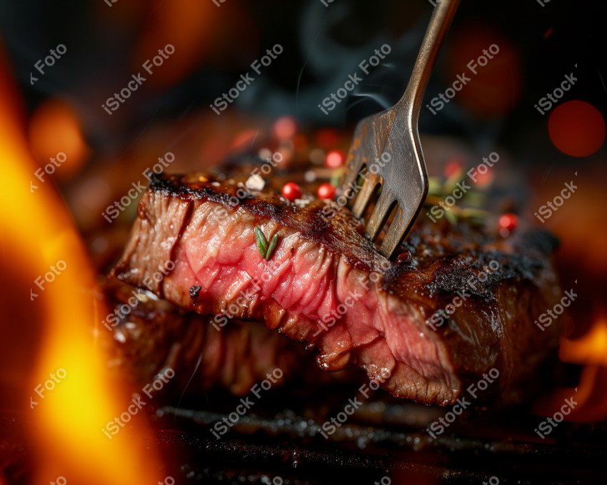 Fatias suculentas de churrasco, com chamas ao fundo