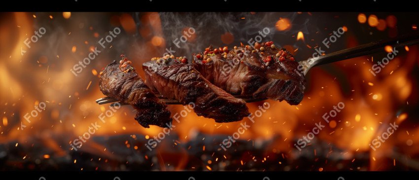 Fatias suculentas de churrasco, com chamas ao fundo