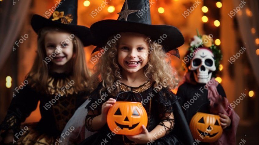 Happy halloween children in costumes and makeup holiday happy ha