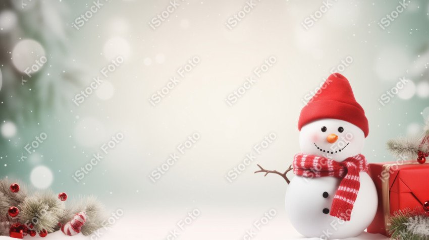 A Christmas background with snowman, red and white colors