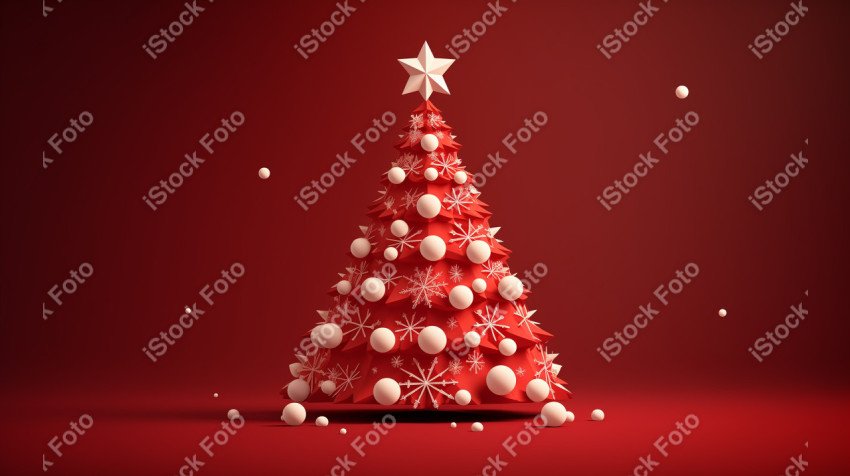 Red background of Merry Christmas card, Christmas tree and snow