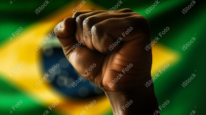 Uma imagem poderosa com um punho preto levantado ao fundo a bandeira do brasil, Gerado com IA (16)
