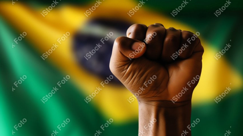 Uma imagem poderosa com um punho preto levantado ao fundo a bandeira do brasil, Gerado com IA (15)