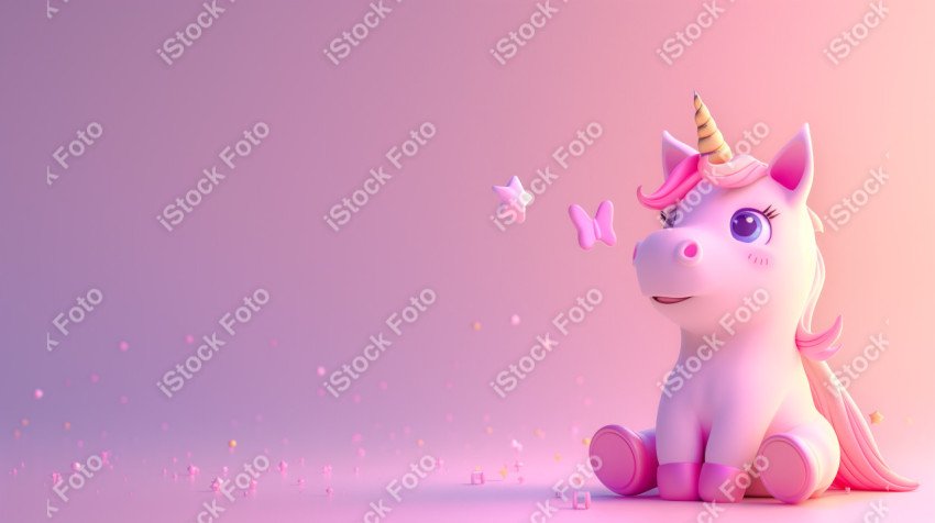 Unicórnio fofo, fundo rosa, com borboleta e estrelas, Gerado co