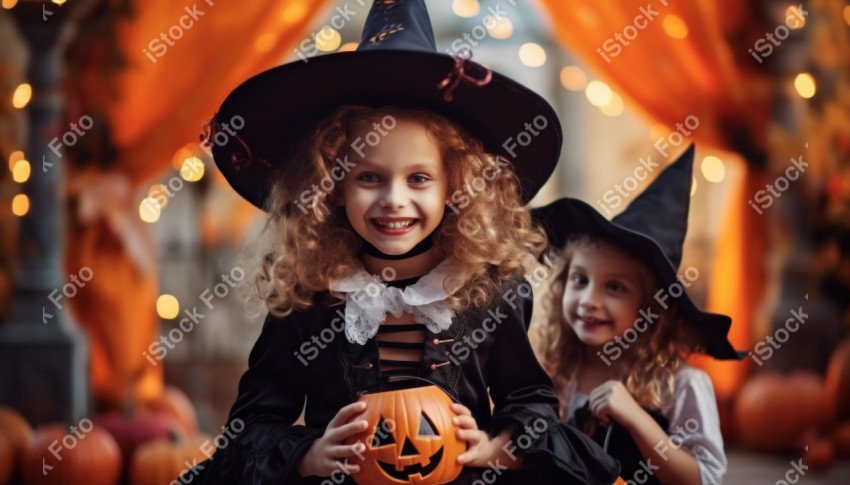 Happy halloween children in costumes and makeup holiday happy ha