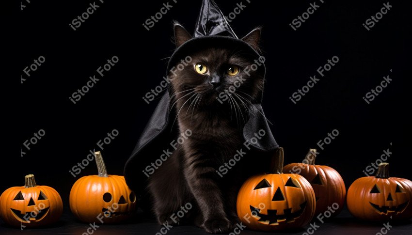 Adorable Black Cat in Halloween Costume with Evil Pumpkins