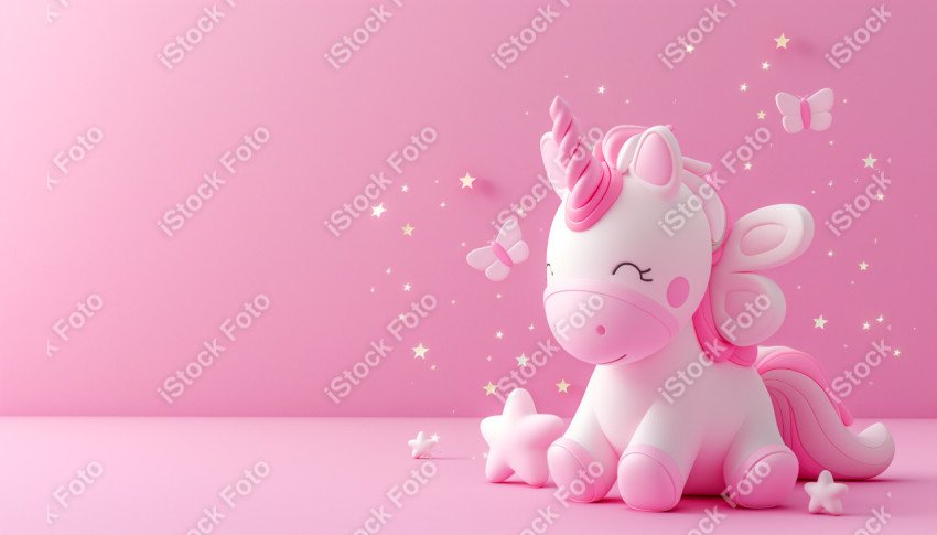 Unicórnio fofo, fundo rosa, com borboleta e estrelas, Gerado co