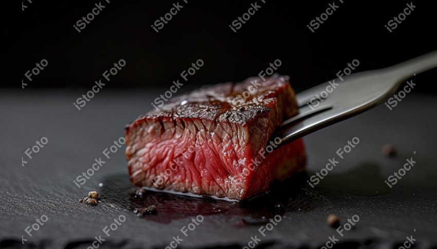 Fatias suculentas de churrasco, sobre um fundo preto de mármore