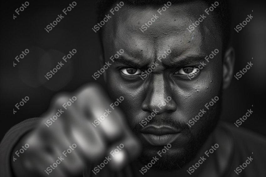 Fotografia em preto e branco homem afro-americano, punho erguido