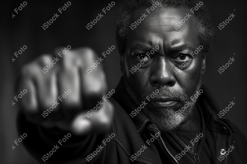 Fotografia em preto e branco homem afro-americano, punho erguido