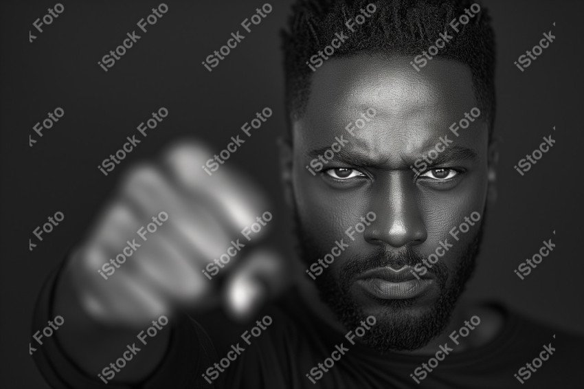 Fotografia em preto e branco homem afro-americano, punho erguido