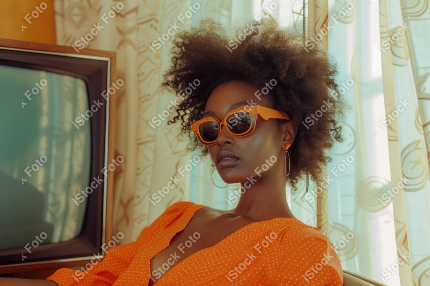 Uma garota afro ao lado de uma tela de TV, com olhos escuros e