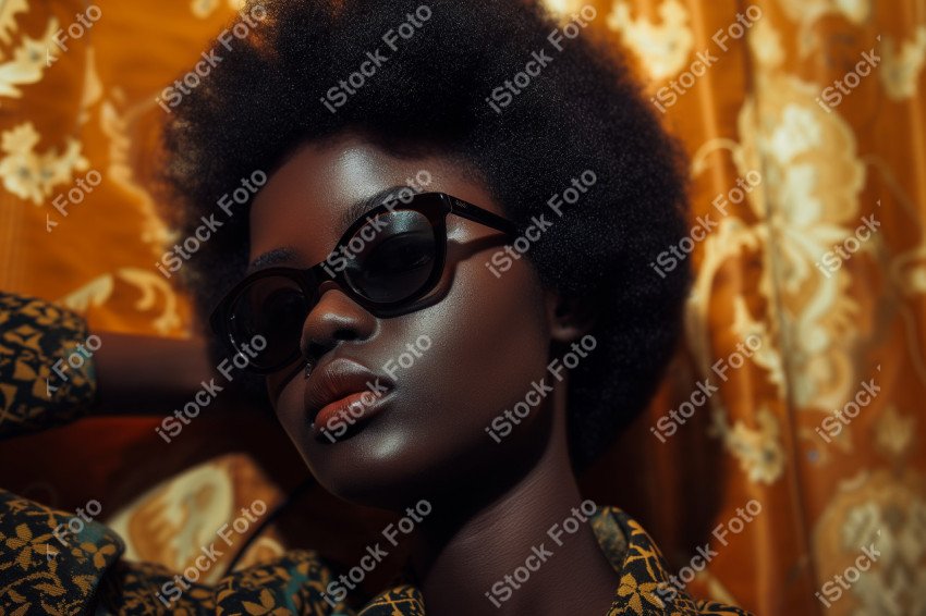 Uma garota afro ao lado de uma tela de TV, com olhos escuros e