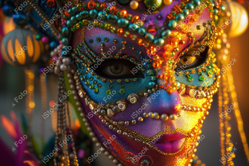 Uma máscara de carnaval colorida adornada com miçangas