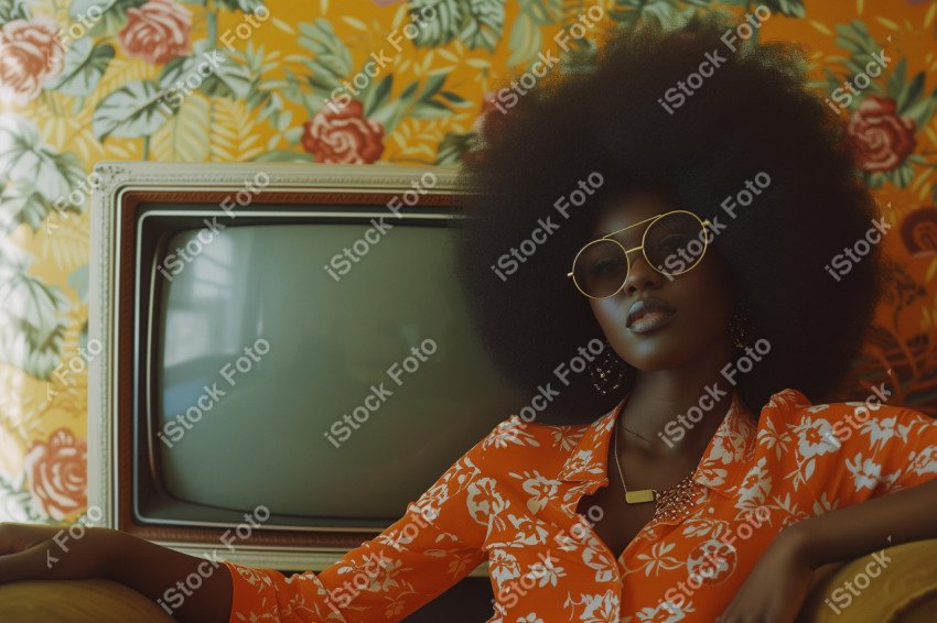 Uma garota afro ao lado de uma tela de TV, com olhos escuros e