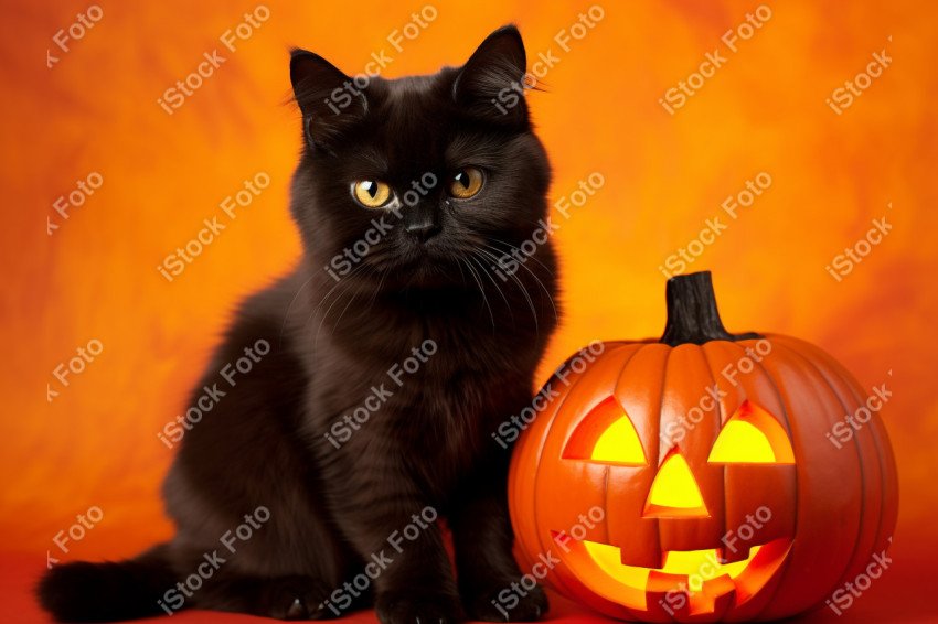 Adorable Black Cat in Halloween Costume with Evil Pumpkins