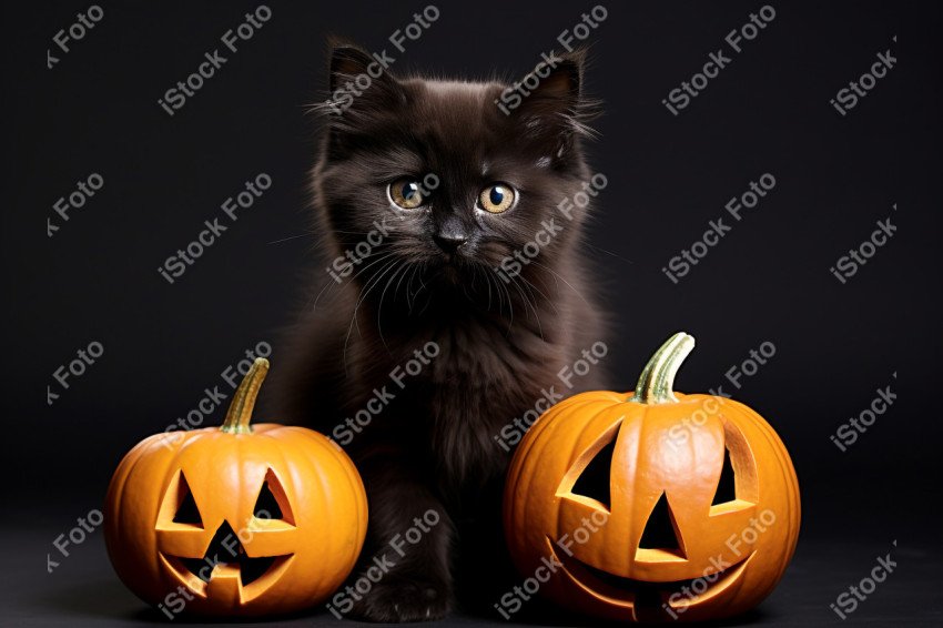 Adorable Black Cat in Halloween Costume with Evil Pumpkins