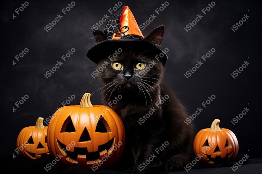 Adorable Black Cat in Halloween Costume with Evil Pumpkins