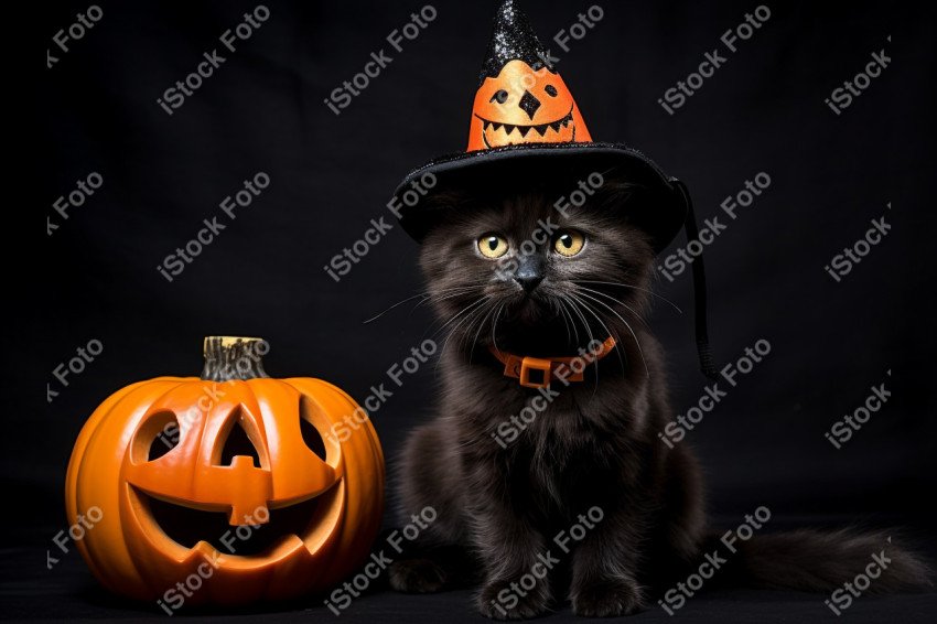 Adorable Black Cat in Halloween Costume with Evil Pumpkins