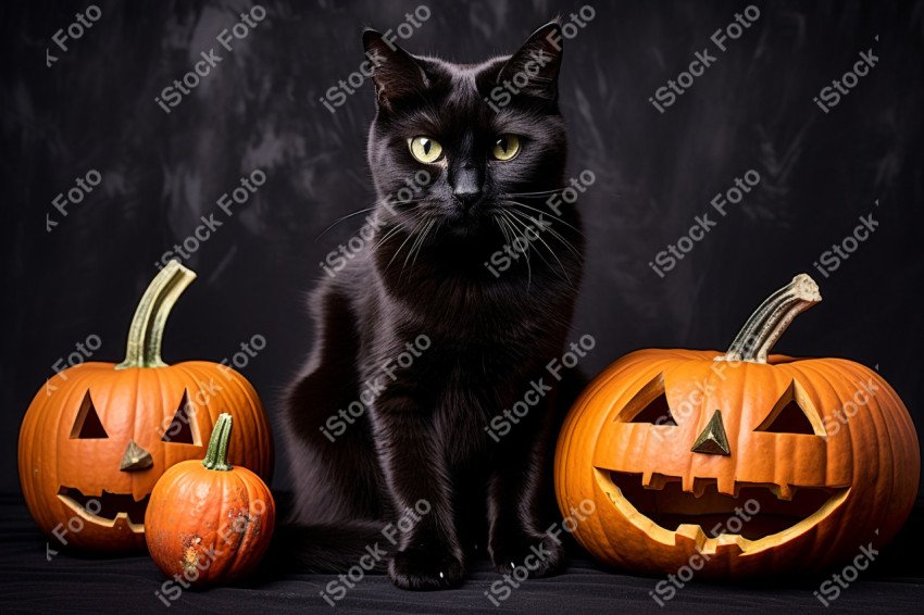 Adorable Black Cat in Halloween Costume with Evil Pumpkins