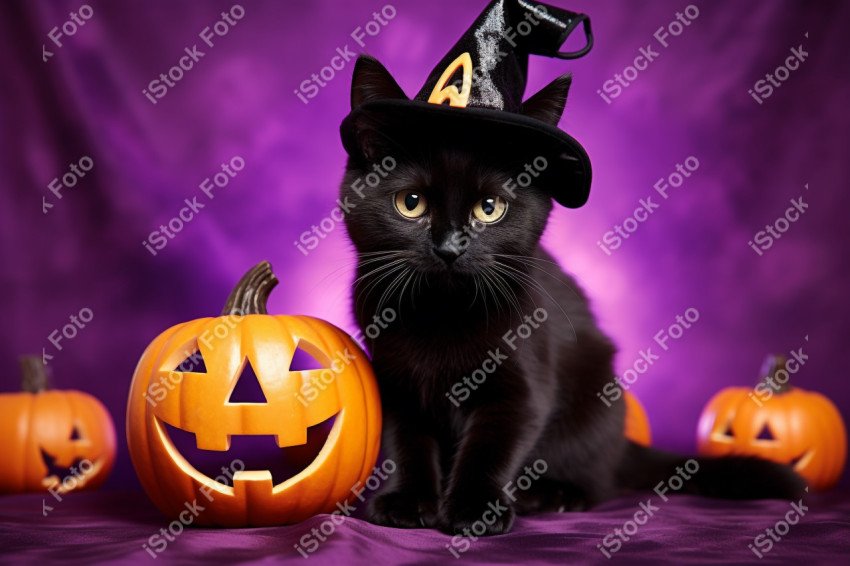 Adorable Black Cat in Halloween Costume with Evil Pumpkins