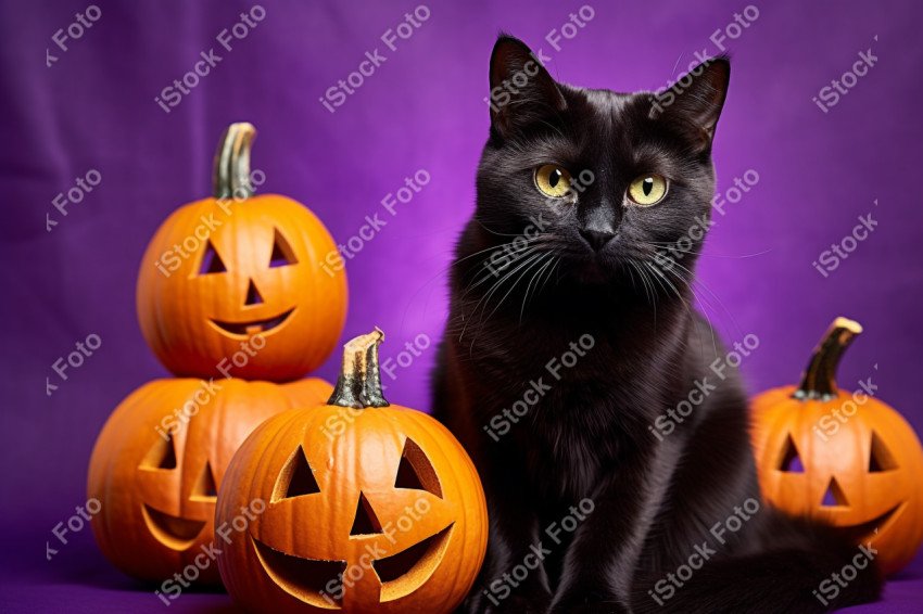 Adorable Black Cat in Halloween Costume with Evil Pumpkins