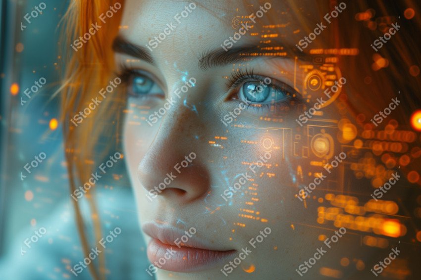 Retrato de uma mulher android futurista com sobreposição de dados de tecnologia avançada (14)