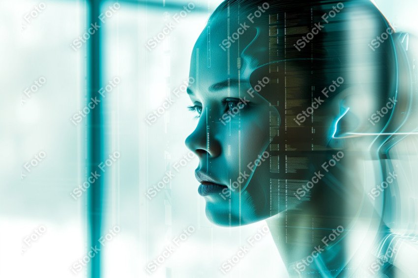 Retrato de uma mulher android futurista com sobreposição de dados de tecnologia avançada (4)