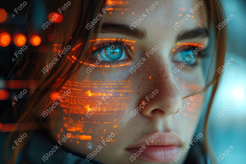 Retrato de uma mulher android futurista com sobreposição de dados de tecnologia avançada (12)