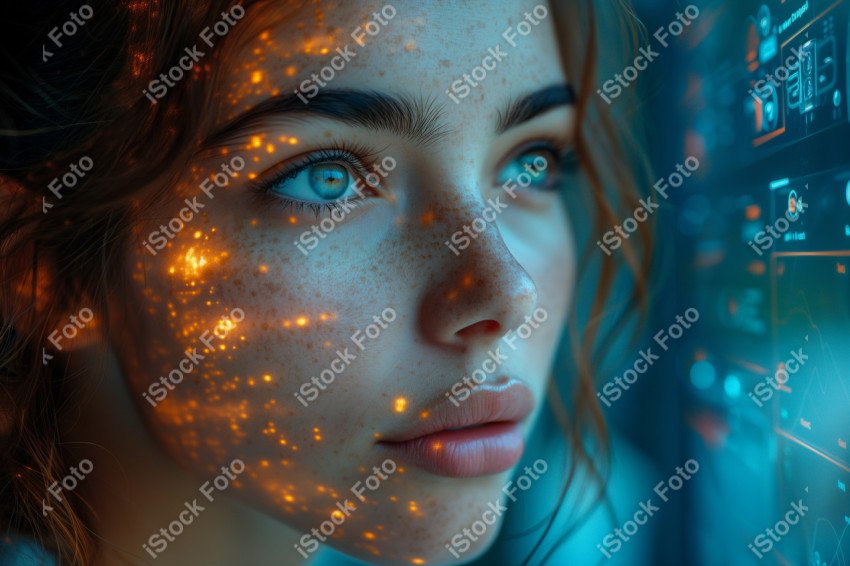 Retrato de uma mulher android futurista com sobreposição de dados de tecnologia avançada (2)