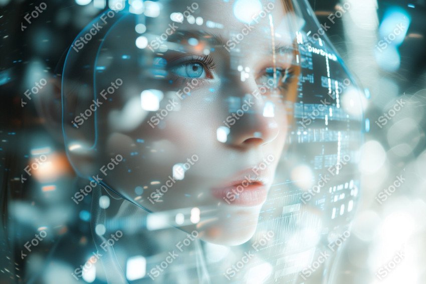 Retrato de uma mulher android futurista com sobreposição de dados de tecnologia avançada (8)