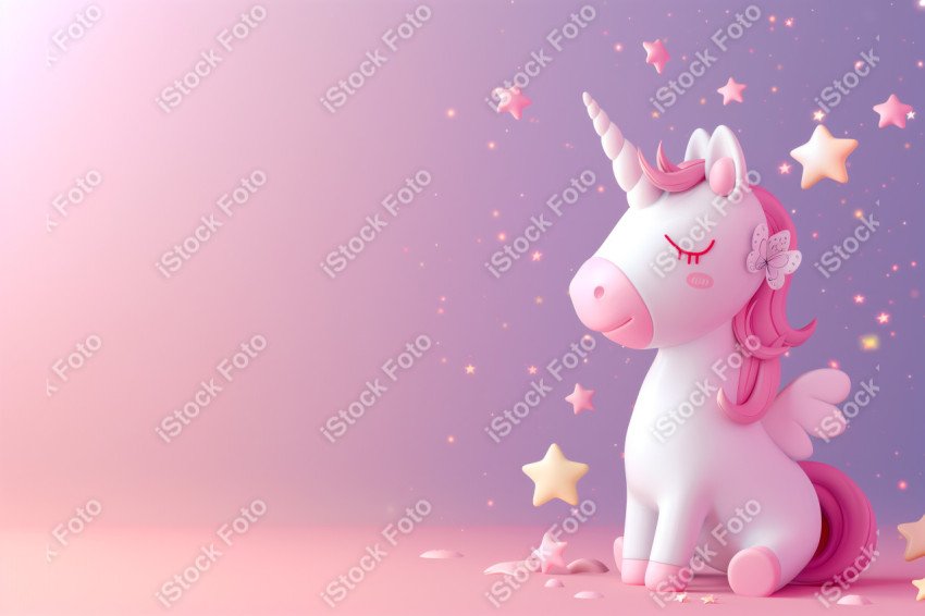 Unicórnio fofo, fundo rosa, com borboleta e estrelas, Gerado co