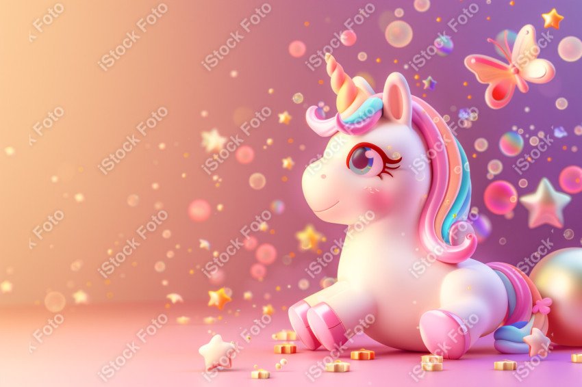 Unicórnio fofo, fundo rosa, com borboleta e estrelas, Gerado co