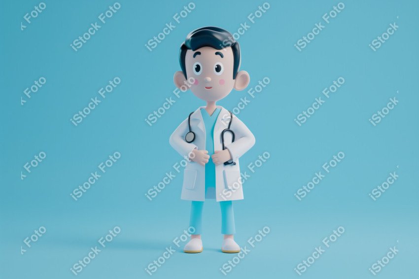 Ilustração 3D de um médico fofo e feliz em um fundo azul  (14)