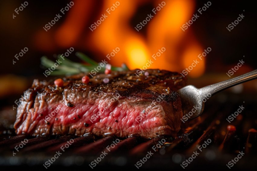 Fatias suculentas de churrasco, com chamas ao fundo