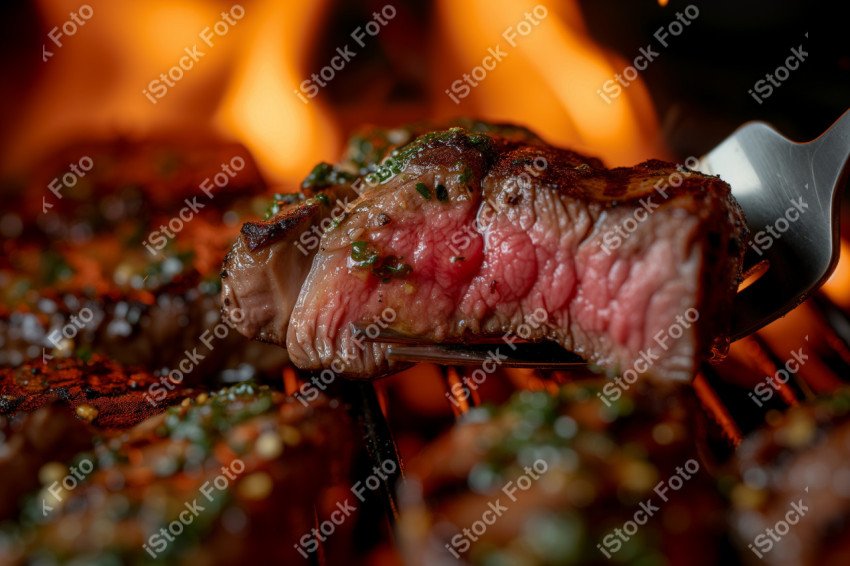 Fatias suculentas de churrasco, com chamas ao fundo