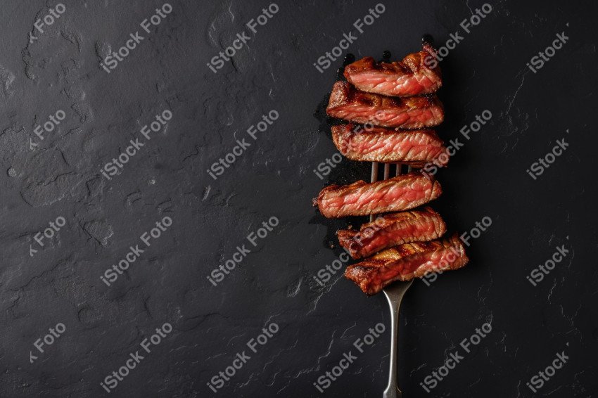 Fatias suculentas de churrasco, sobre um fundo preto de mármore