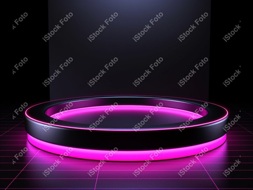 Neon Light round podium and black background for mock up, Black