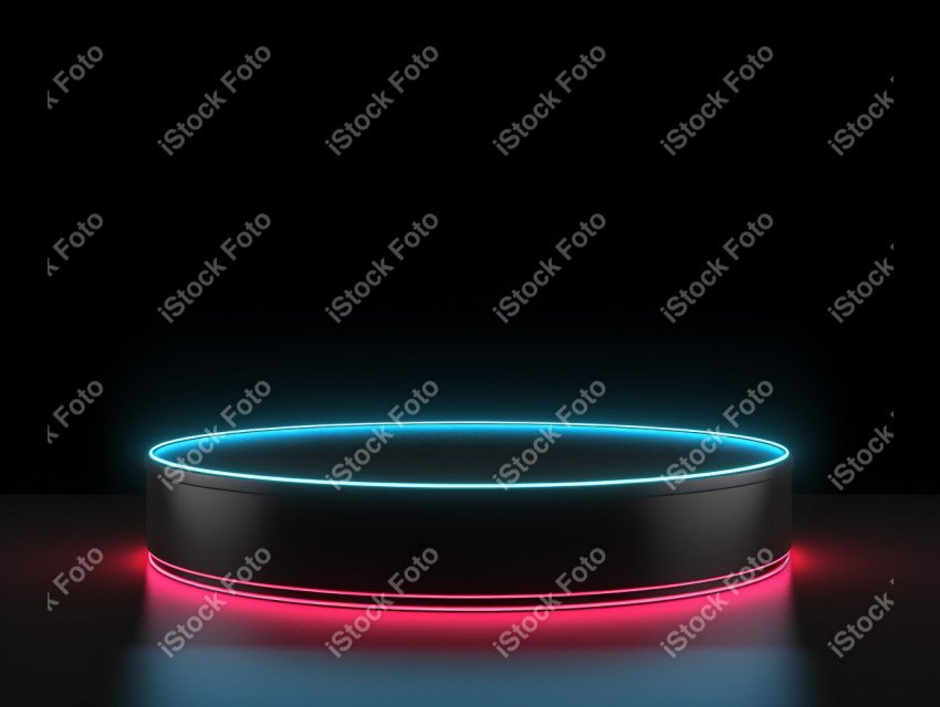 Neon Light round podium and black background for mock up, Black