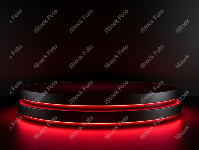 Neon Red light round podium and black background for mock up, Bl
