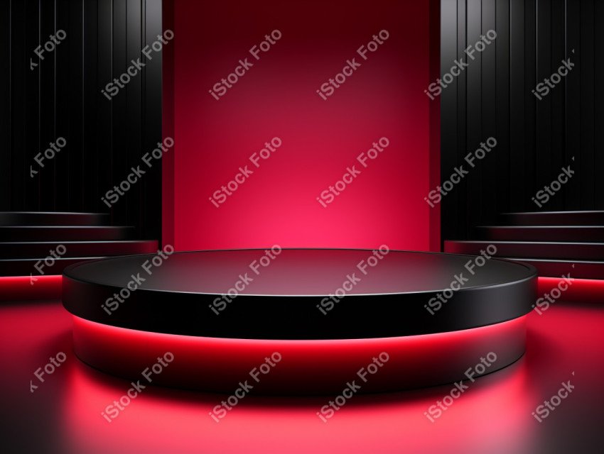 Neon Red light round podium and black background for mock up, Bl