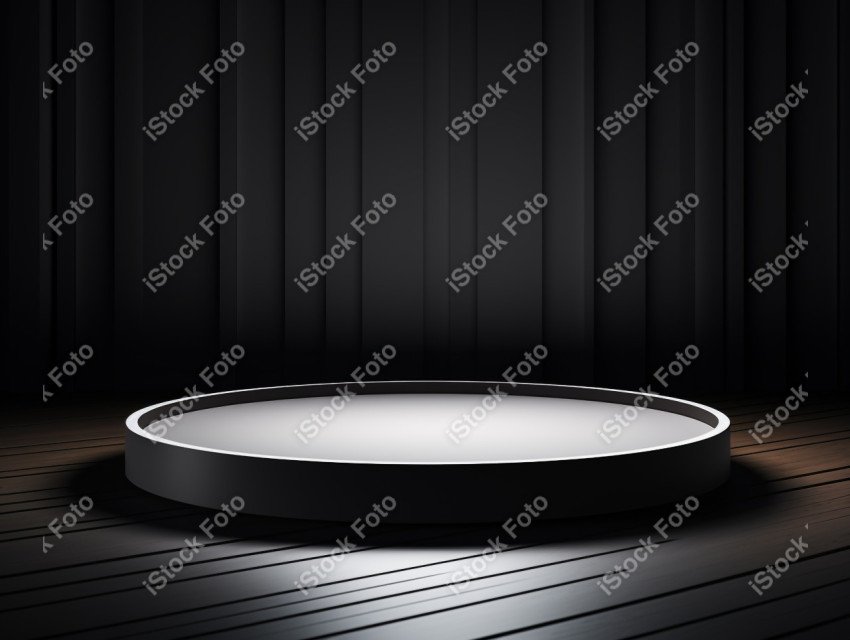 Neon white light round podium and black background for mock up,