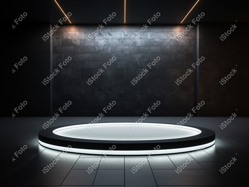 Neon white light round podium and black background for mock up,